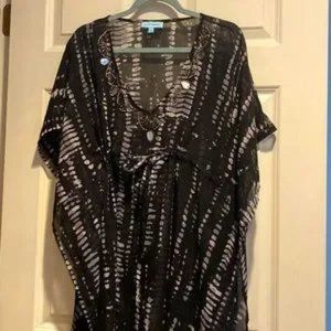 Ellen Weaver Black & Gray Sheer Embellished Boho Tunic Top Sz L